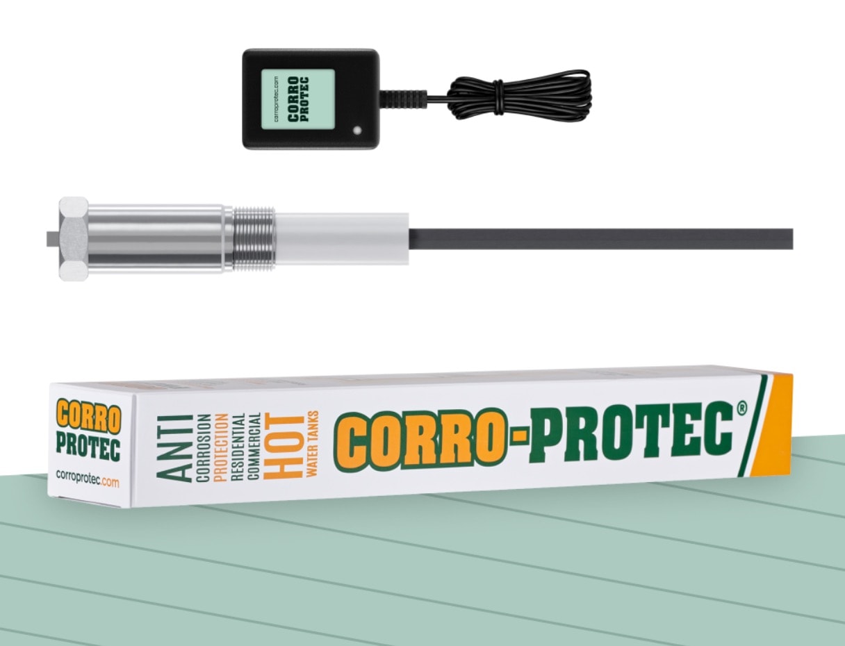 Corro-Protec powered anode rod system for hot water tank protection